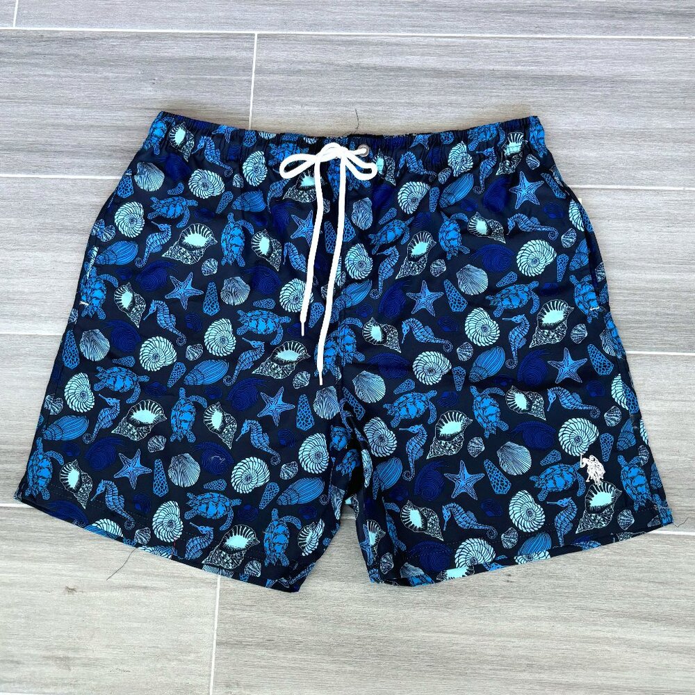US POLO ASSN Seahorses Swim Trunks Men's XXL NWT Blue White Turtles Drawstring